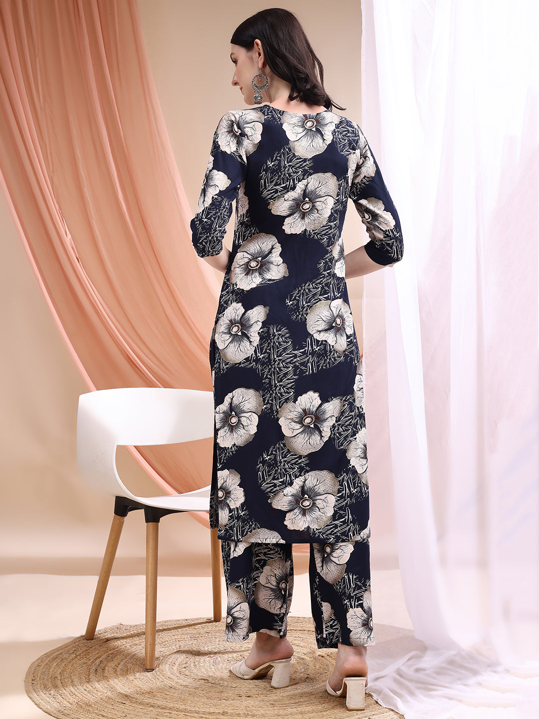 Floral Printed Kurta With Palazzo, Navy Blue - Hiral Fashion - Distacart
