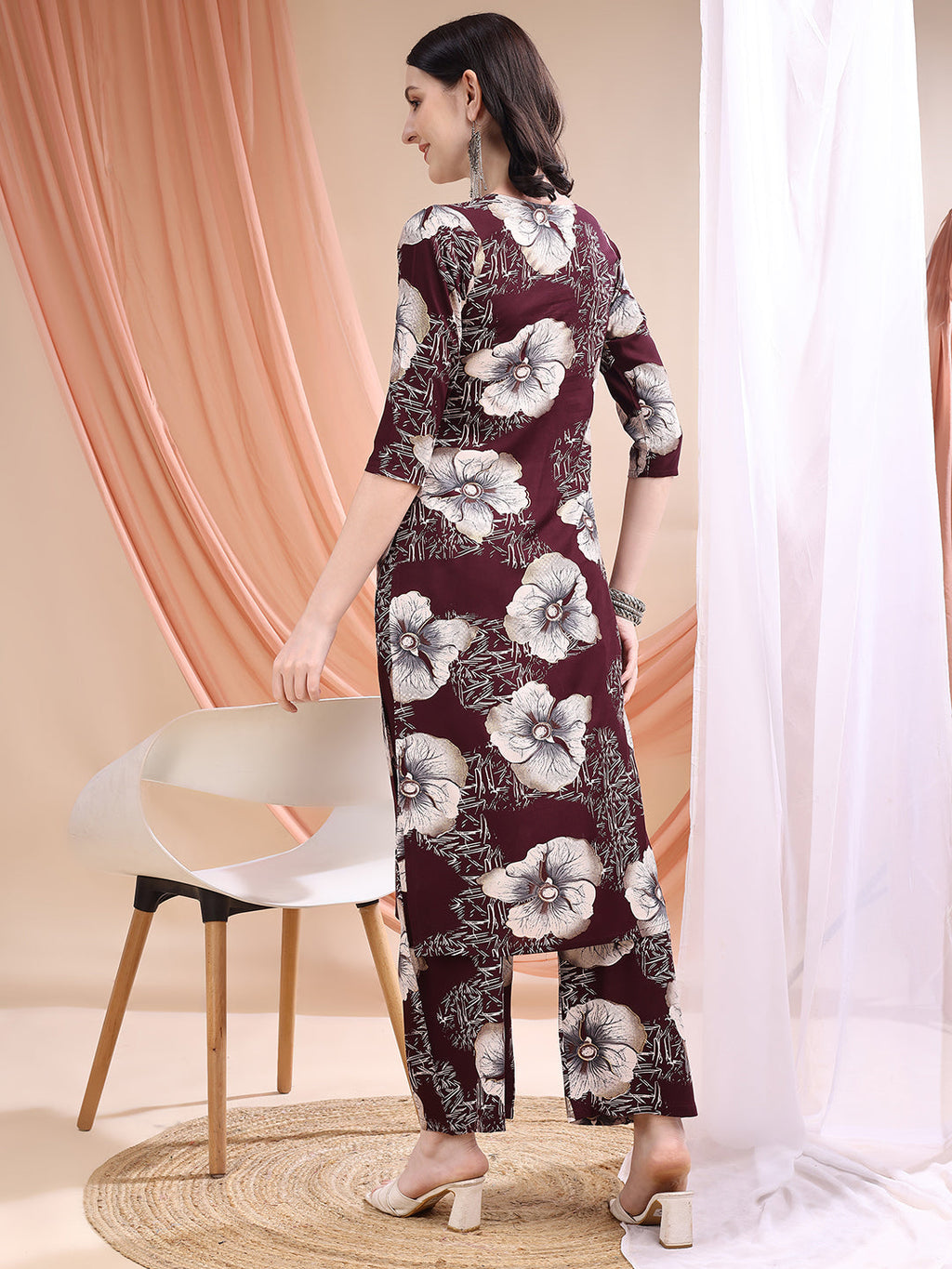 Floral Printed Kurta With Palazzo, Wine - Hiral Fashion - Distacart