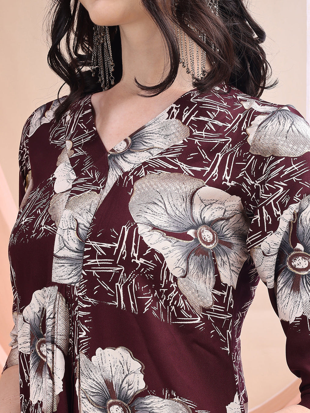 Floral Printed Kurta With Palazzo, Wine - Hiral Fashion - Distacart