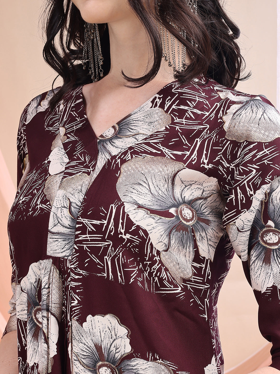 Floral Printed Kurta With Palazzo, Wine - Hiral Fashion - Distacart