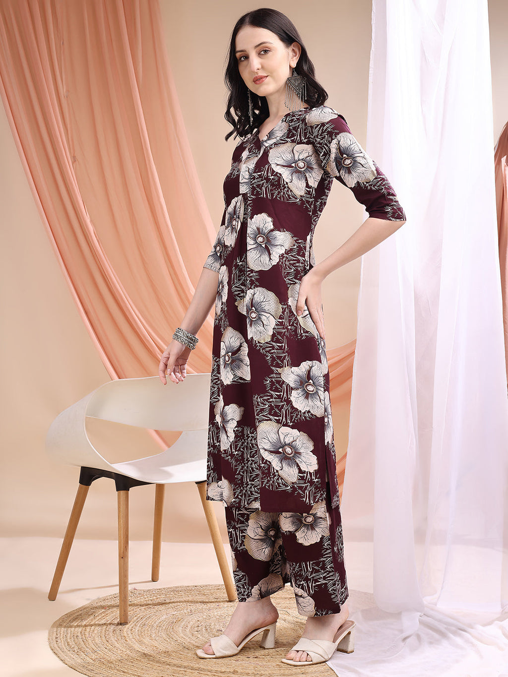Floral Printed Kurta With Palazzo, Wine - Hiral Fashion - Distacart