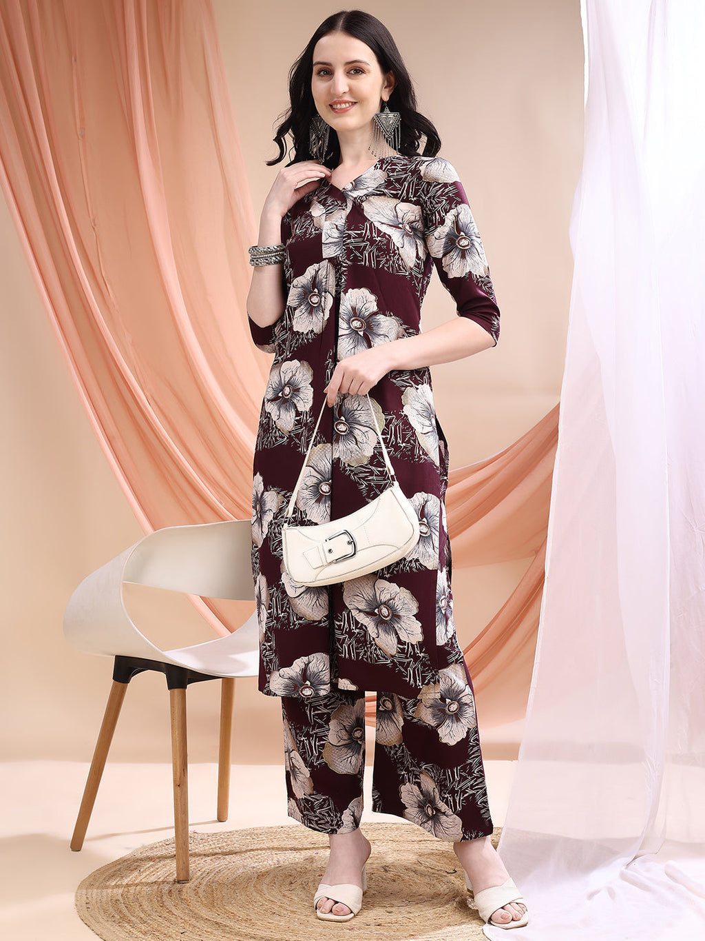 Floral Printed Kurta With Palazzo, Wine - Hiral Fashion - Distacart
