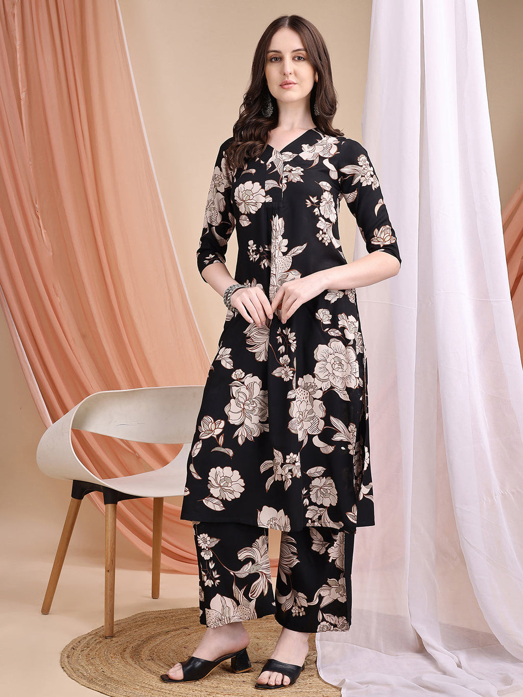 Floral Printed Kurta Set, Black - Hiral Fashion - Distacart