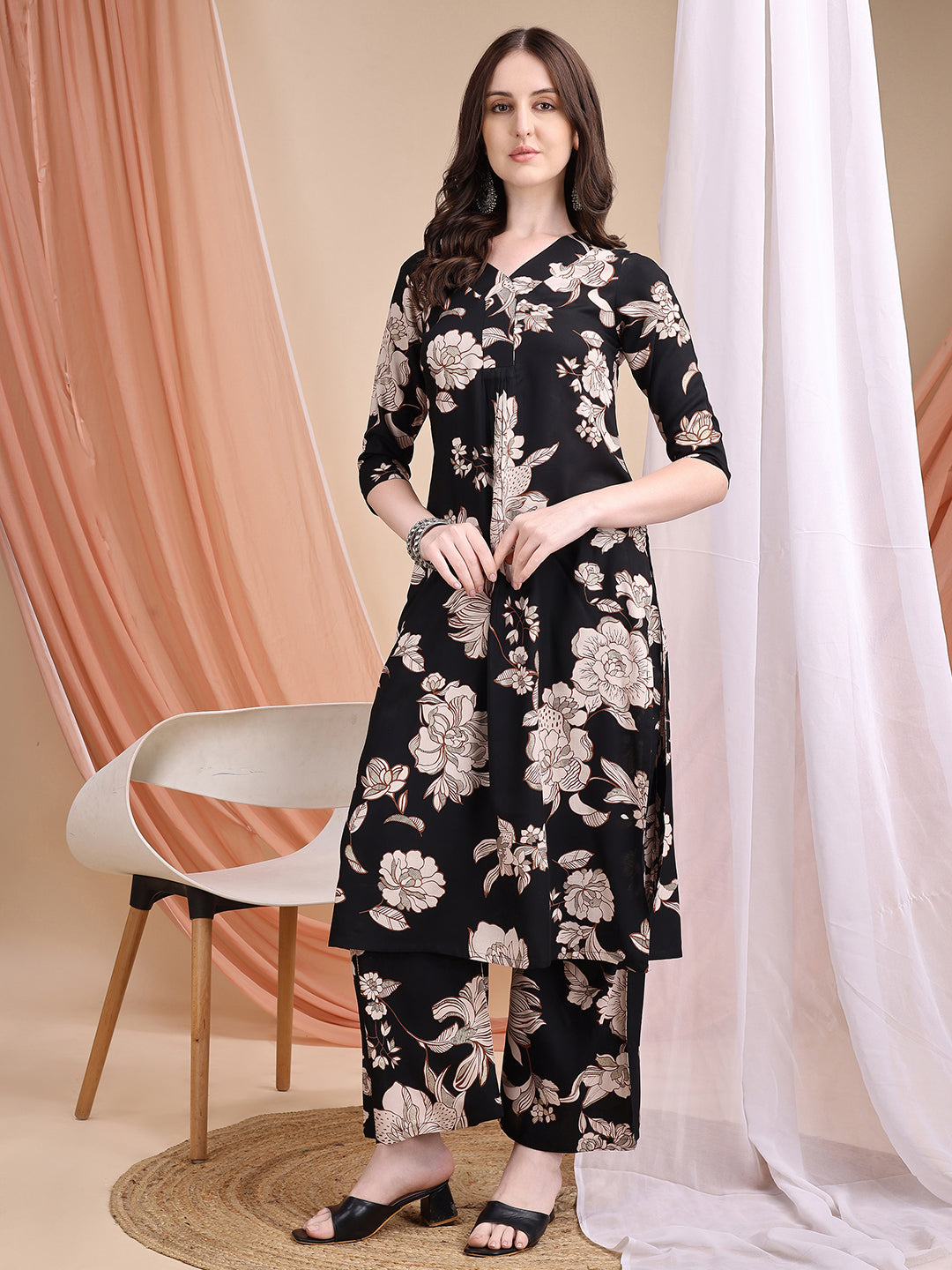 Floral Printed Kurta Set, Black - Hiral Fashion - Distacart