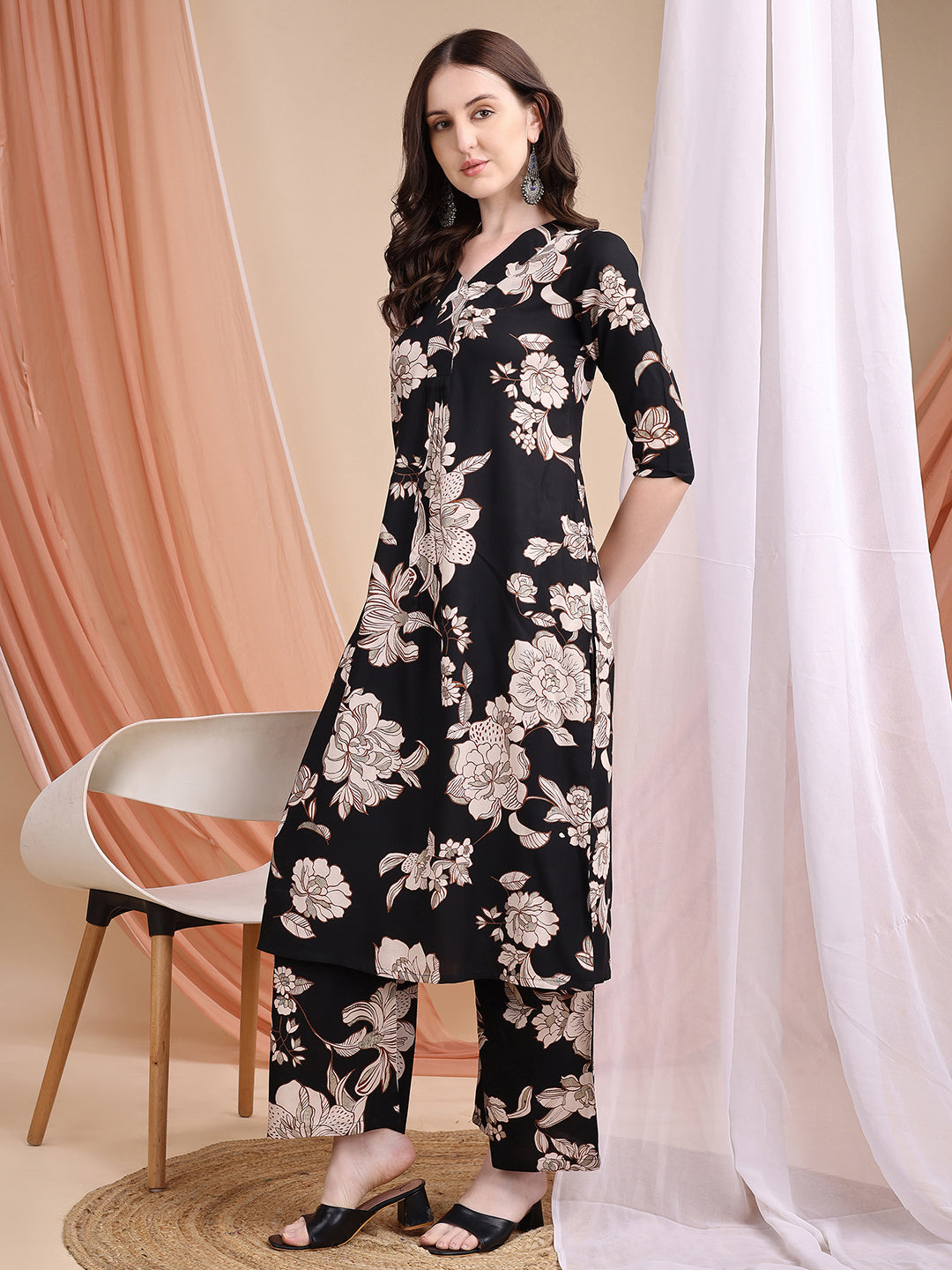 Floral Printed Kurta Set, Black - Hiral Fashion - Distacart