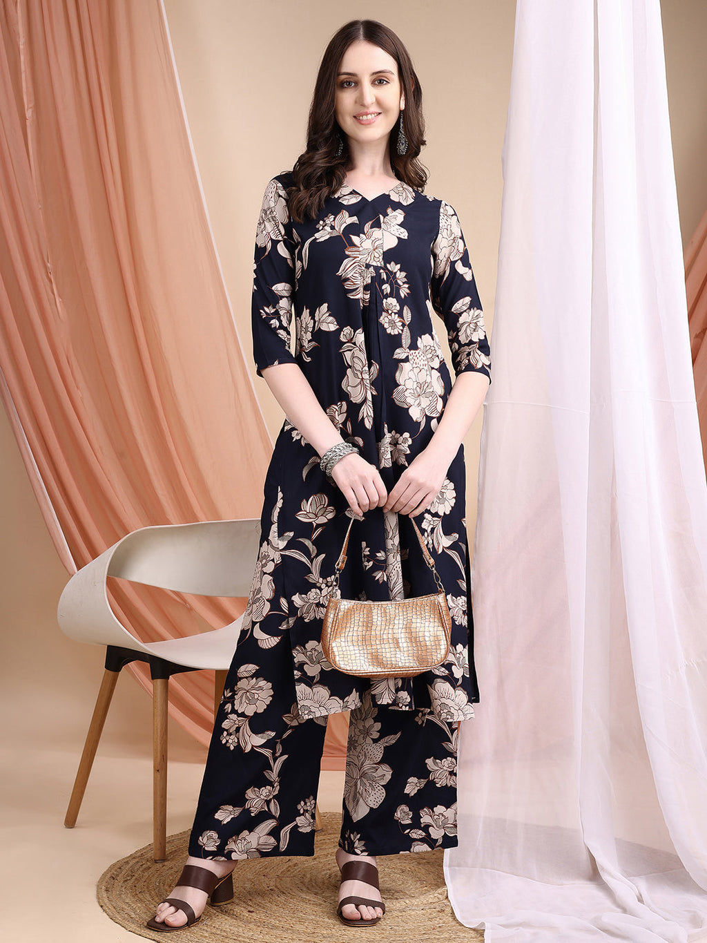 Floral Printed Kurta Set, Navy Blue - Hiral Fashion - Distacart