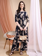 Floral Printed Kurta Set, Navy Blue - Hiral Fashion - Distacart