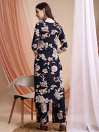 Floral Printed Kurta Set, Navy Blue - Hiral Fashion - Distacart
