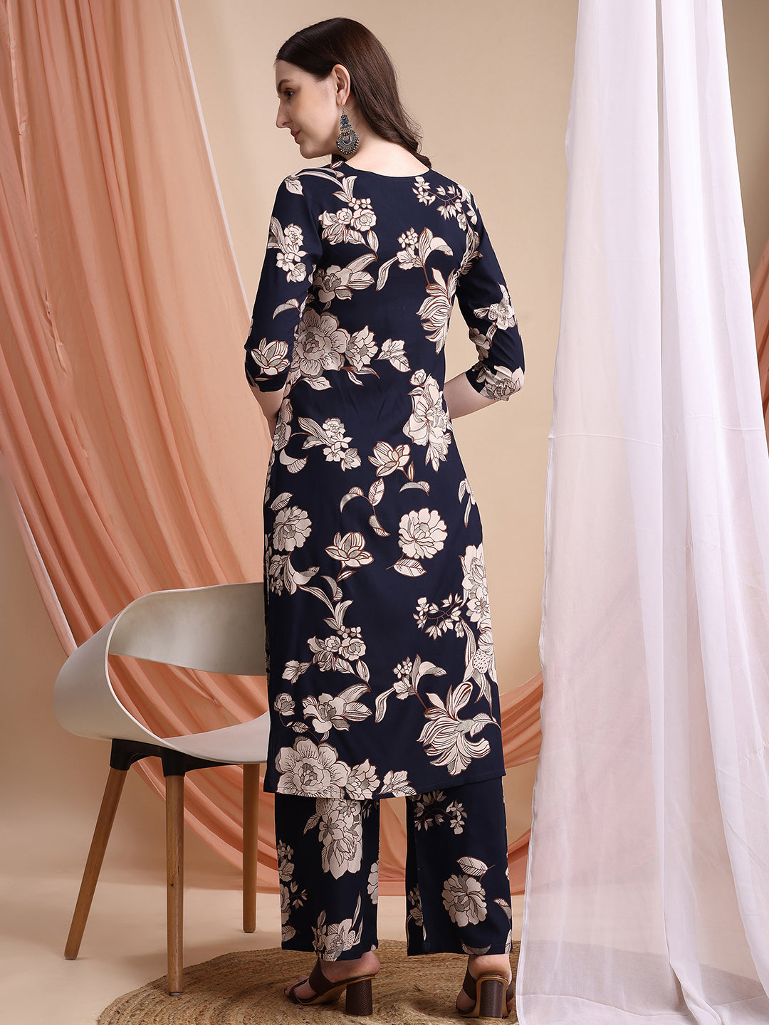 Floral Printed Kurta Set, Navy Blue - Hiral Fashion - Distacart