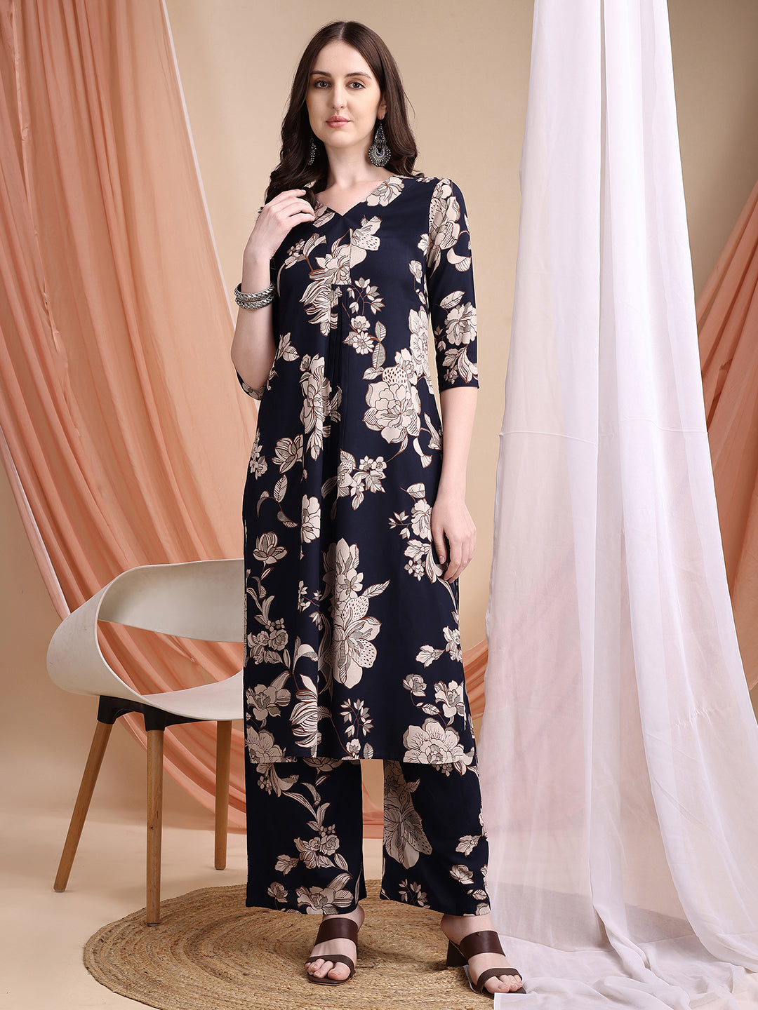 Floral Printed Kurta Set, Navy Blue - Hiral Fashion - Distacart