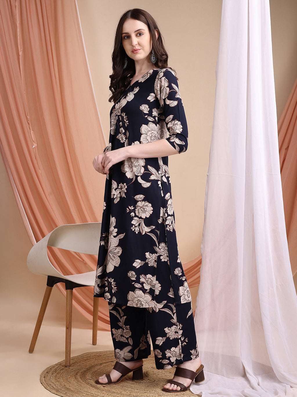 Floral Printed Kurta Set, Navy Blue - Hiral Fashion - Distacart