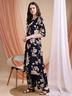 Floral Printed Kurta Set, Navy Blue - Hiral Fashion - Distacart