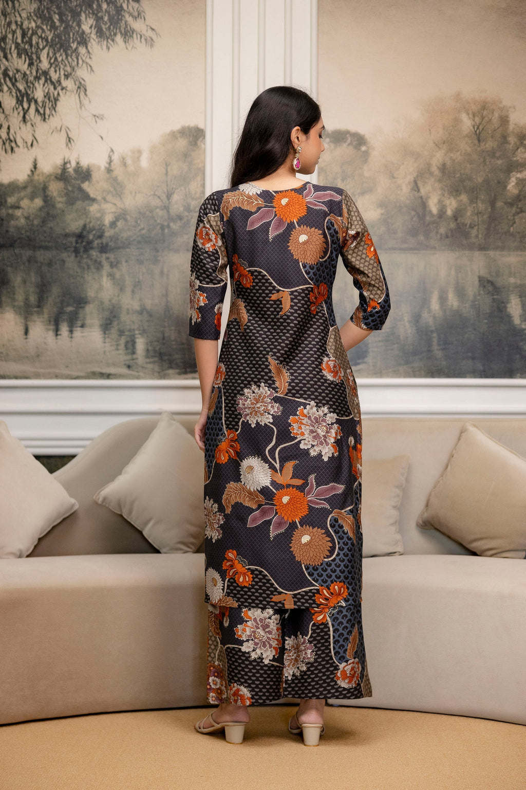 Floral Motifs Printed Kurta With Palazzo, Grey - Hiral Fashion - Distacart