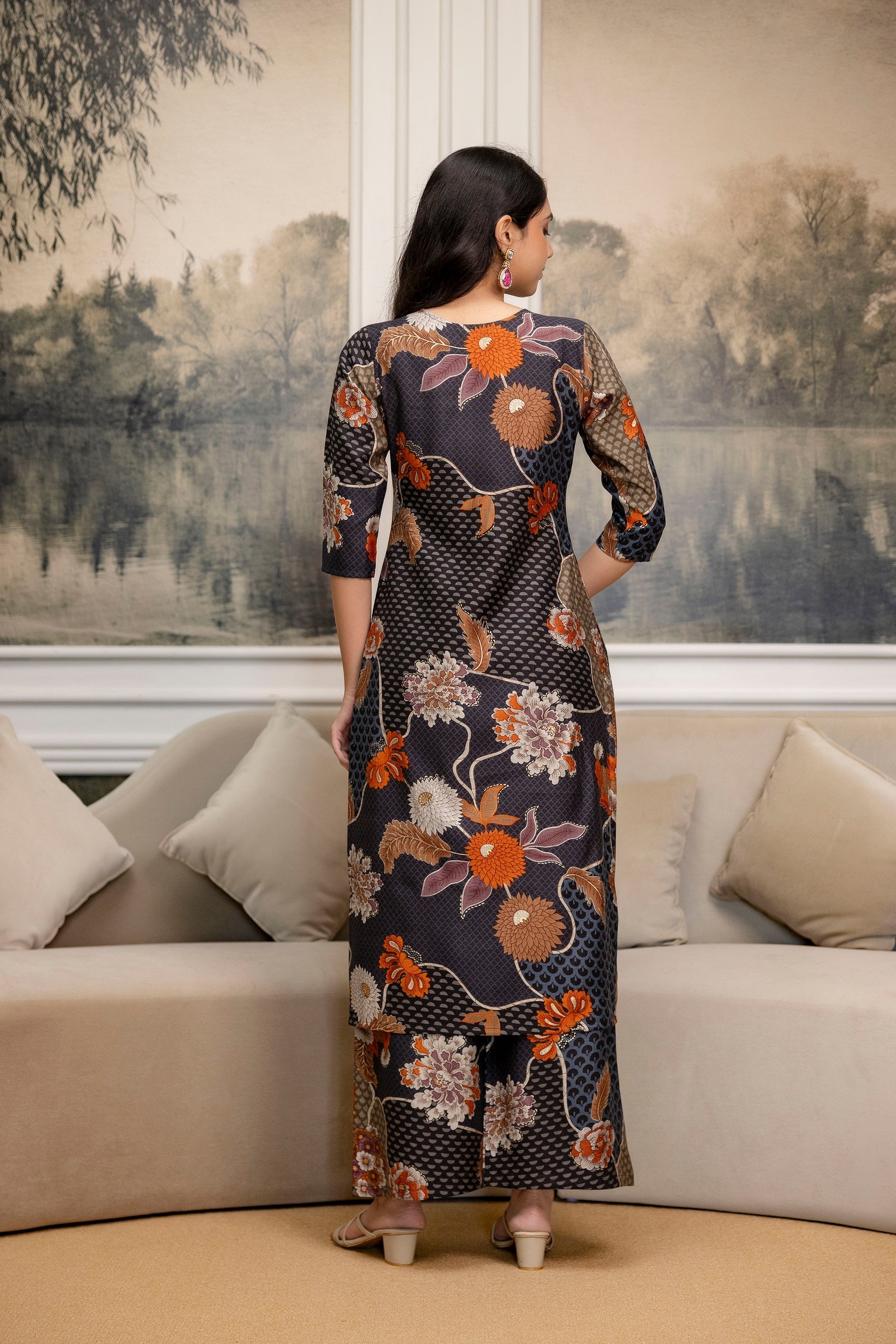 Floral Motifs Printed Kurta With Palazzo, Grey - Hiral Fashion - Distacart