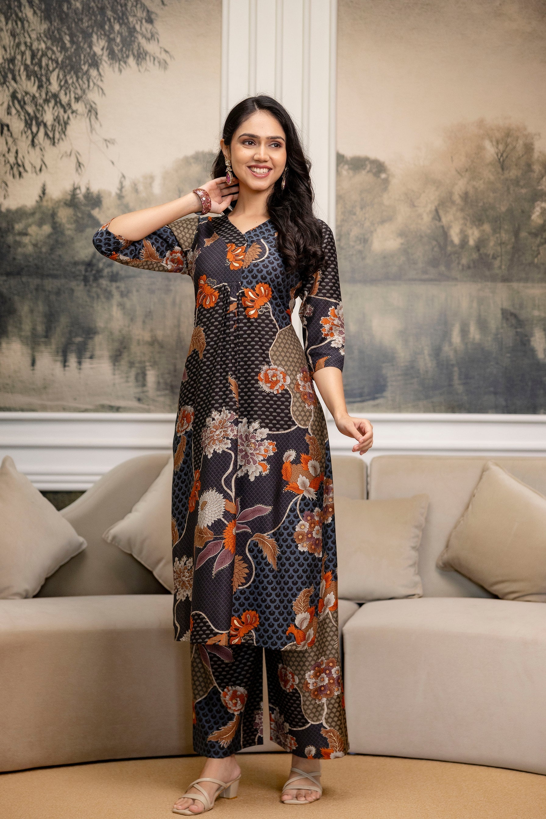 Floral Motifs Printed Kurta With Palazzo, Grey - Hiral Fashion - Distacart