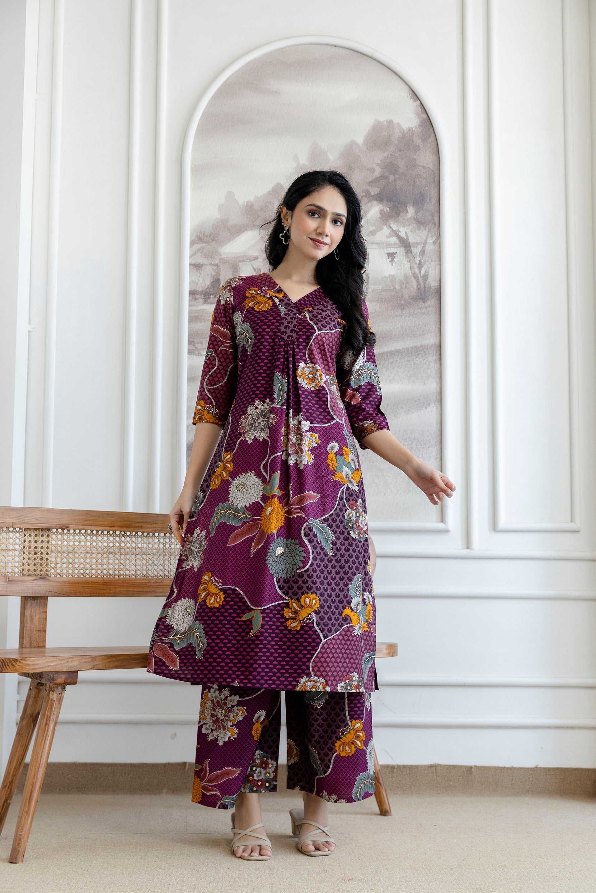 Floral Motifs Printed Kurta With Palazzo, Purple - Hiral Fashion - Distacart