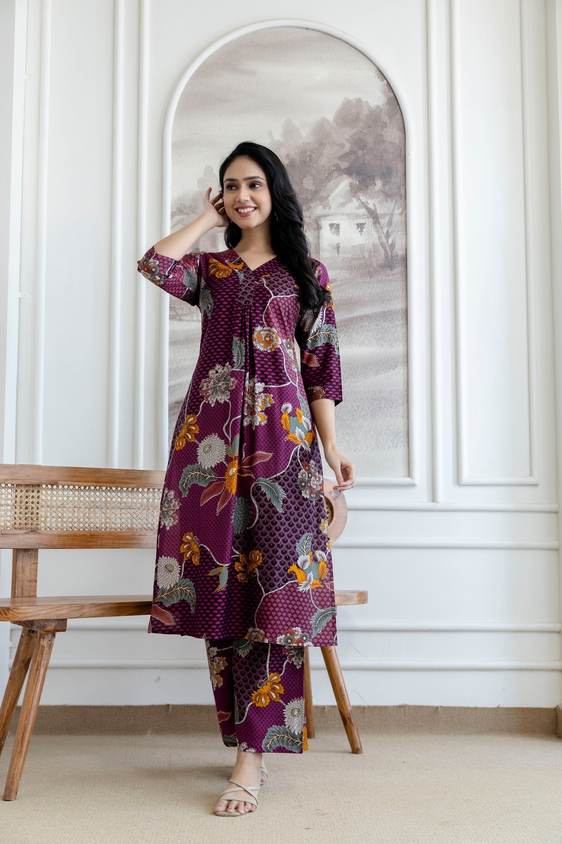 Floral Motifs Printed Kurta With Palazzo, Purple - Hiral Fashion - Distacart