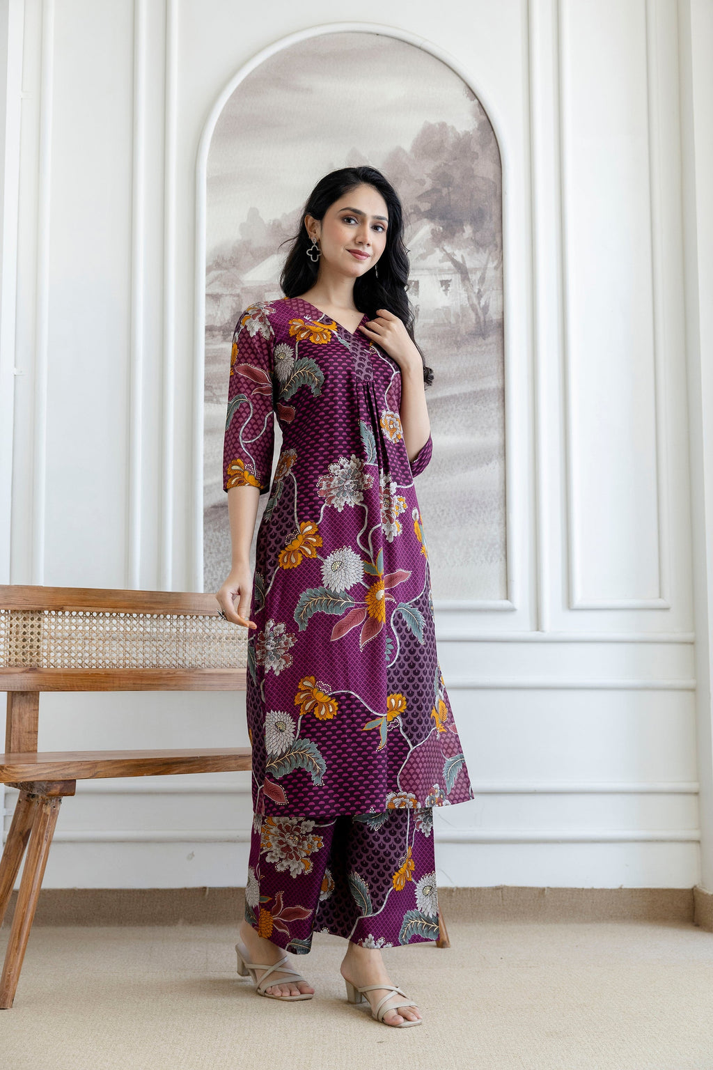 Floral Motifs Printed Kurta With Palazzo, Purple - Hiral Fashion - Distacart