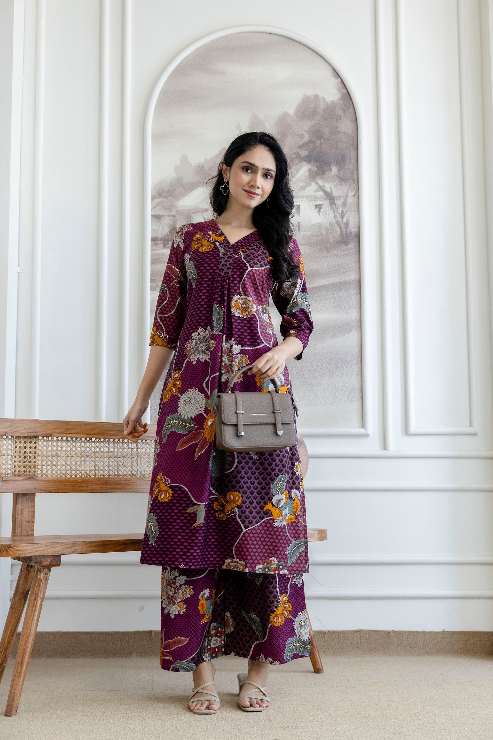 Floral Motifs Printed Kurta With Palazzo, Purple - Hiral Fashion - Distacart
