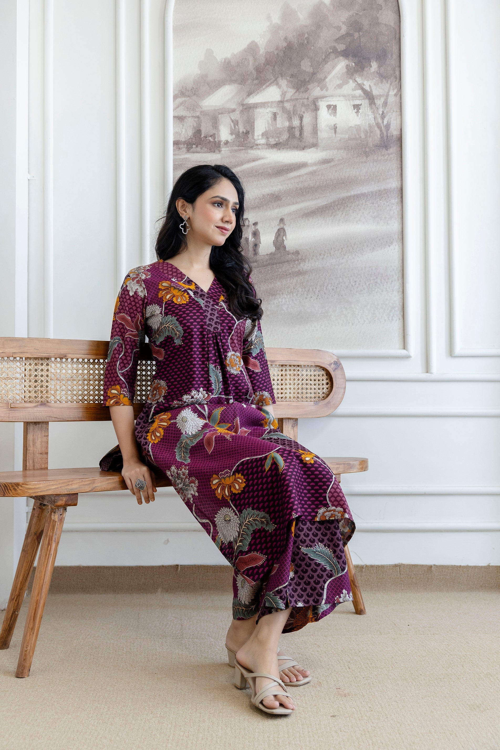 Floral Motifs Printed Kurta With Palazzo, Purple - Hiral Fashion - Distacart
