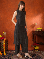 Black Geometric Striped Sleeveless A-Line Kurta With Matching Palazzo Pant, Black - Hiral Fashion - Distacart