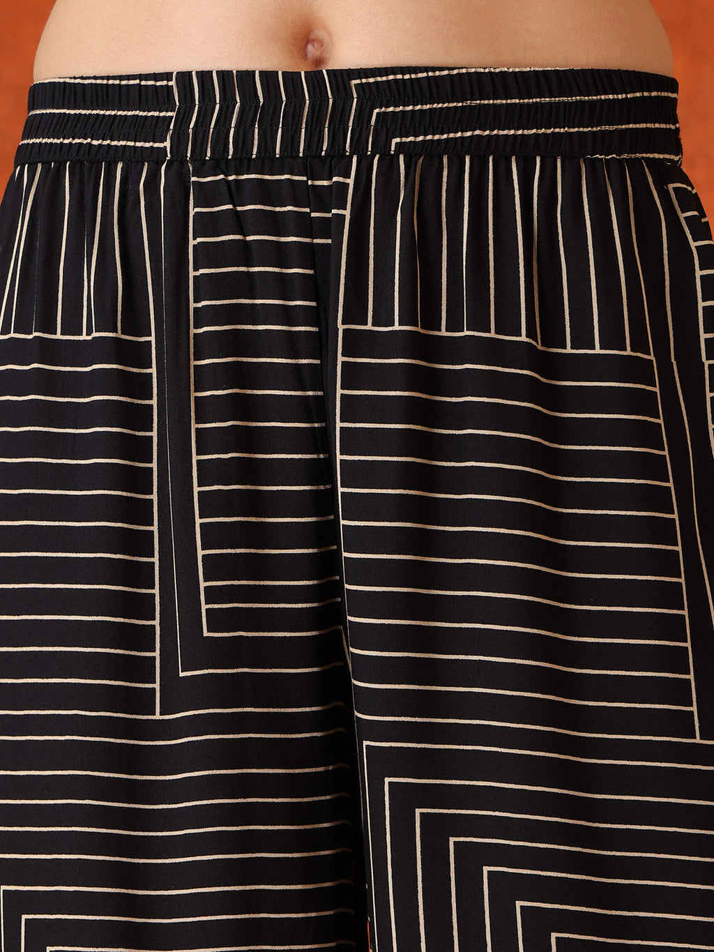 Black Geometric Striped Sleeveless A-Line Kurta With Matching Palazzo Pant, Black - Hiral Fashion - Distacart