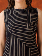 Black Geometric Striped Sleeveless A-Line Kurta With Matching Palazzo Pant, Black - Hiral Fashion - Distacart