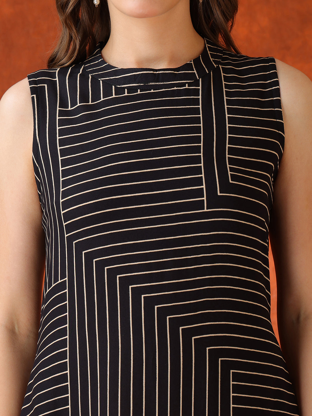 Black Geometric Striped Sleeveless A-Line Kurta With Matching Palazzo Pant, Black - Hiral Fashion - Distacart