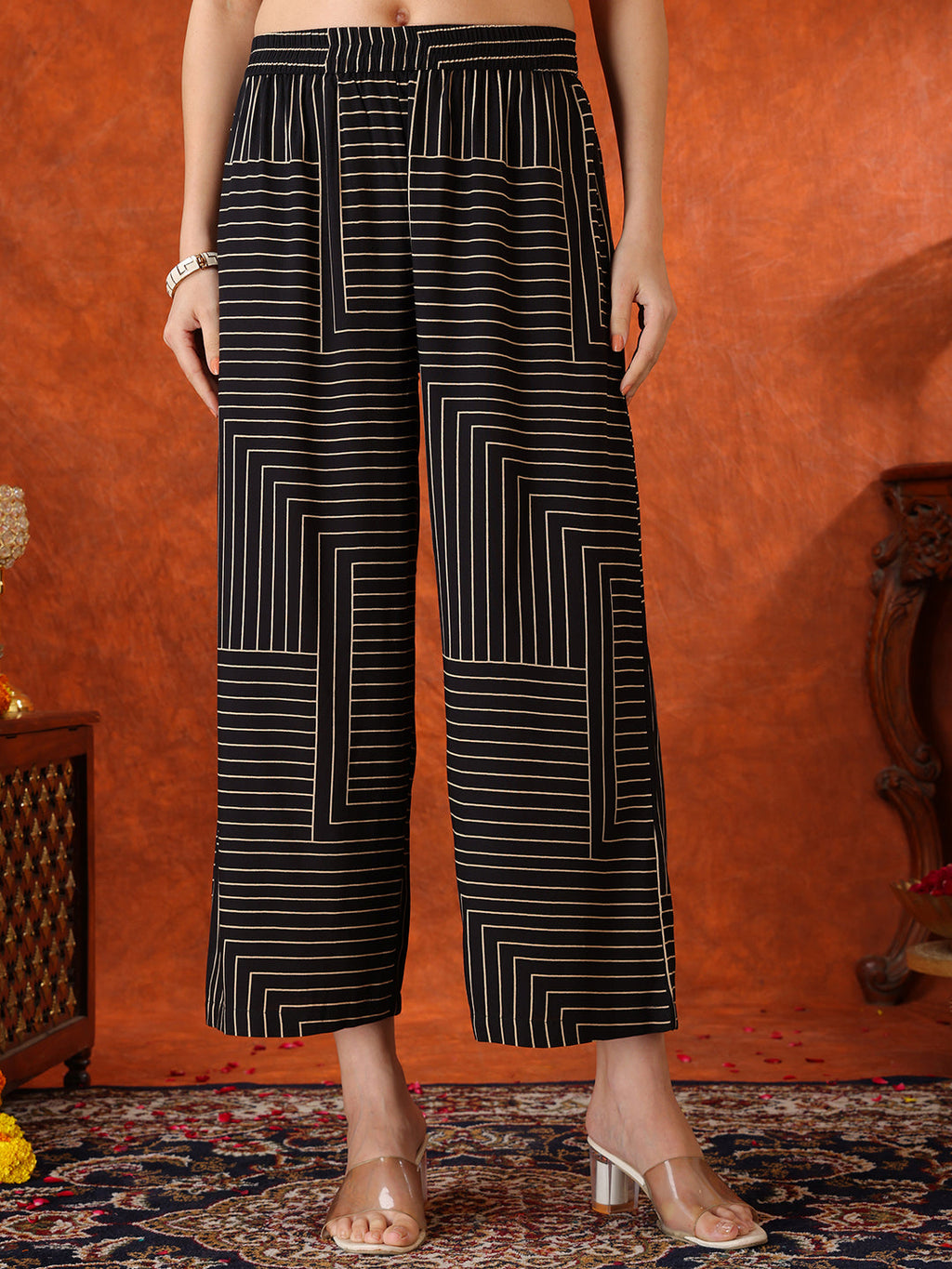 Black Geometric Striped Sleeveless A-Line Kurta With Matching Palazzo Pant, Black - Hiral Fashion - Distacart