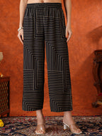 Black Geometric Striped Sleeveless A-Line Kurta With Matching Palazzo Pant, Black - Hiral Fashion - Distacart