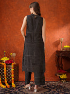 Black Geometric Striped Sleeveless A-Line Kurta With Matching Palazzo Pant, Black - Hiral Fashion - Distacart