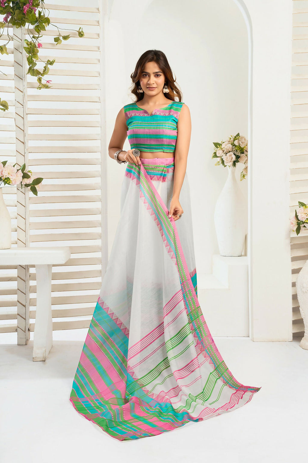 Vastranavya Multicolor Digital Printed Linen Ready To Wear Designer Saree with Unstitched Blouse - Distacart