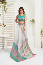 Vastranavya Multicolor Digital Printed Linen Ready To Wear Designer Saree with Unstitched Blouse - Distacart
