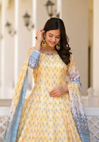 Partywear Designer Yellow Dola Silk Anarkali suit with Dupatta - Samyukta