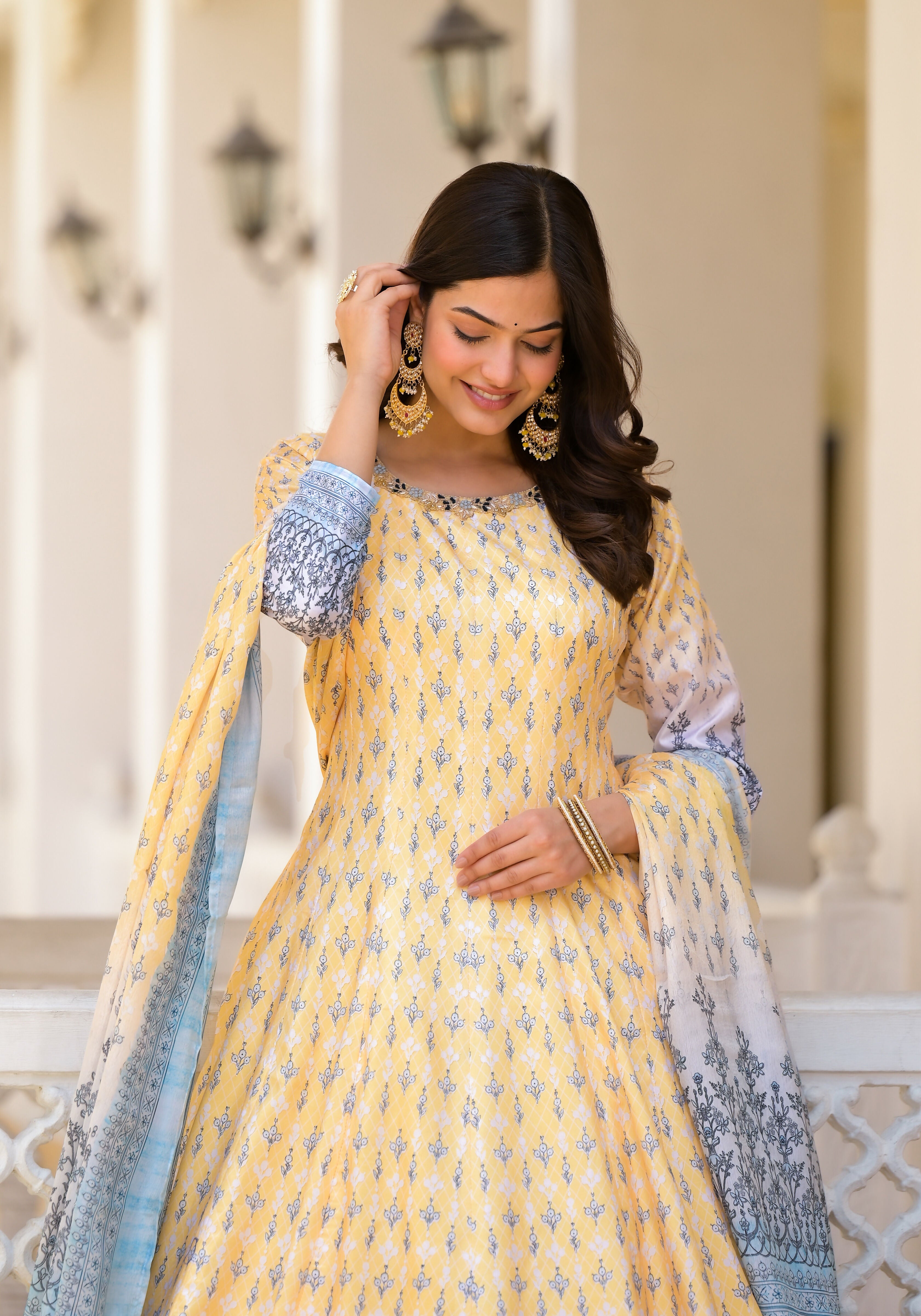 Partywear Designer Yellow Dola Silk Anarkali suit with Dupatta - Samyukta