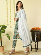 Myshka Women's Green Pure Cotton Kurta & Trousers With Dupatta Party Sets