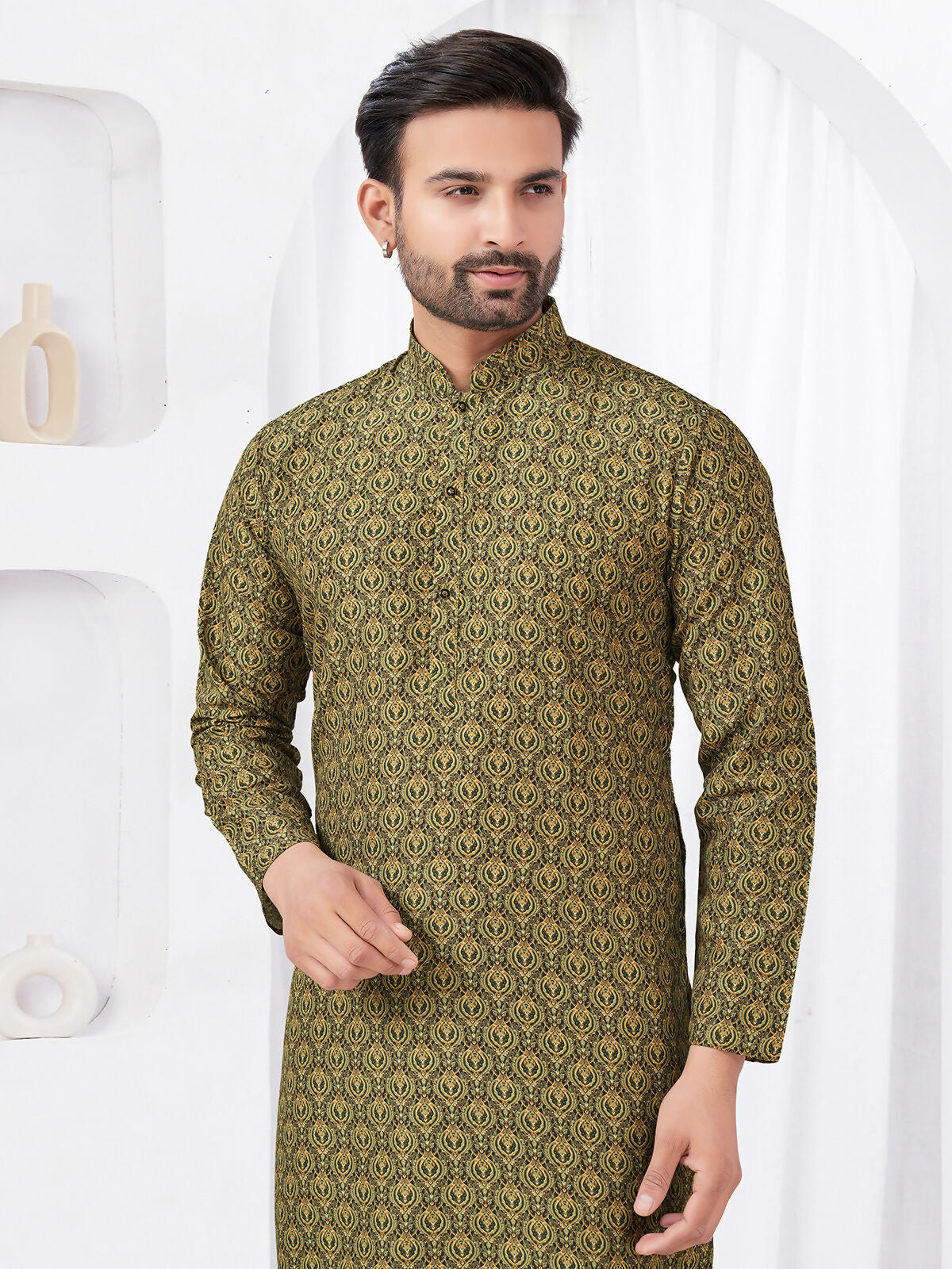 Joban Fashion Men's Rayon Cotton Olive Printed Kurta Pyjama set
