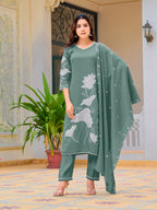 Embroidered Kurta With Pant & Embroidered Dupatta, Green - Hiral Fashion - Distacart