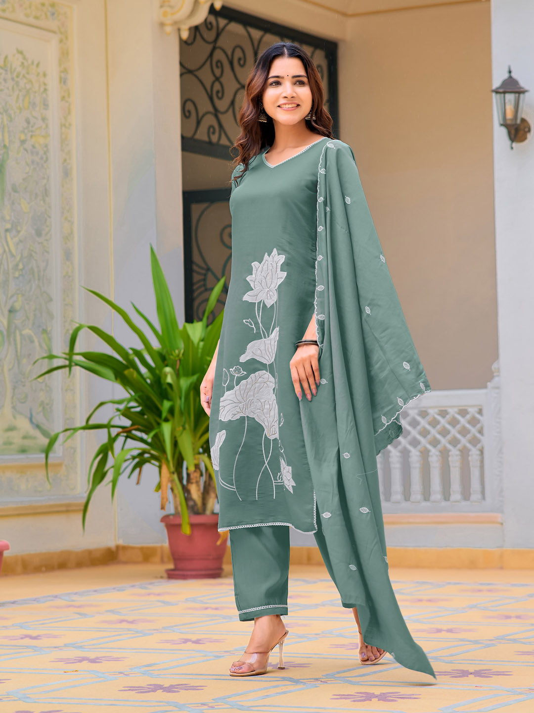 Embroidered Kurta With Pant & Embroidered Dupatta, Green - Hiral Fashion - Distacart