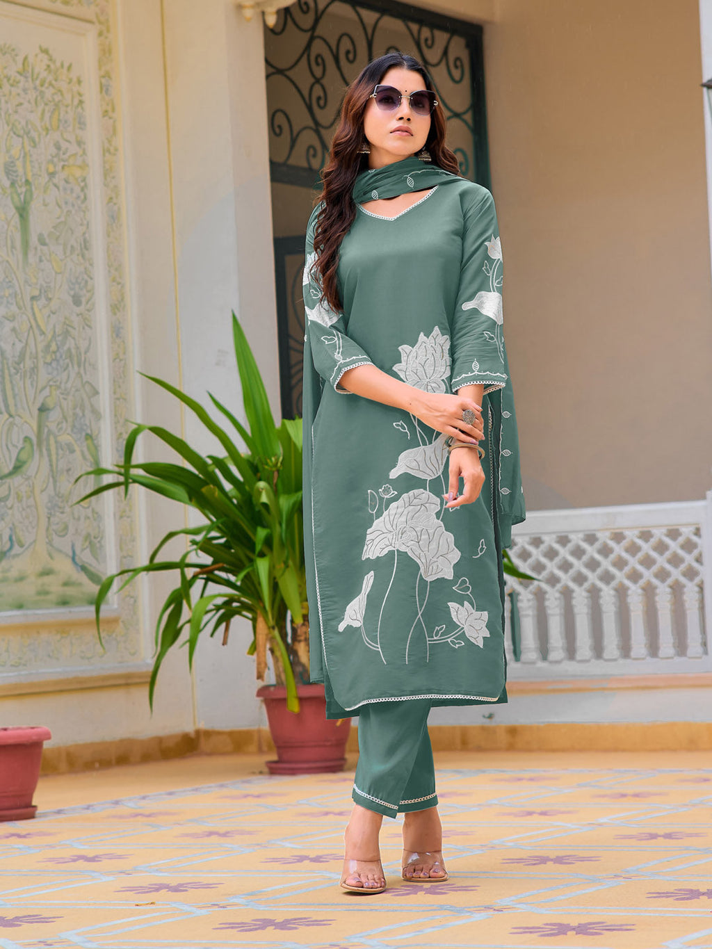 Embroidered Kurta With Pant & Embroidered Dupatta, Green - Hiral Fashion - Distacart