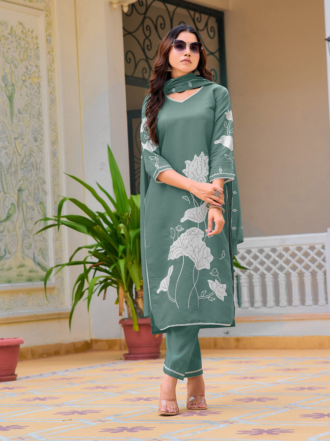 Embroidered Kurta With Pant & Embroidered Dupatta, Green - Hiral Fashion - Distacart