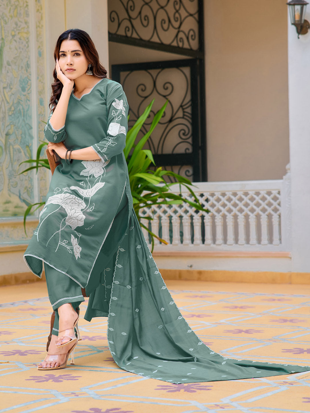 Embroidered Kurta With Pant & Embroidered Dupatta, Green - Hiral Fashion - Distacart
