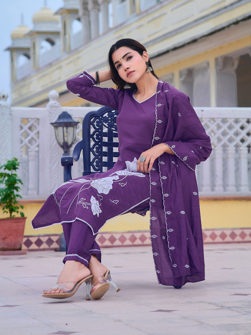 Embroidered Kurta With Pant & Embroidered Dupatta, Purple - Hiral Fashion - Distacart