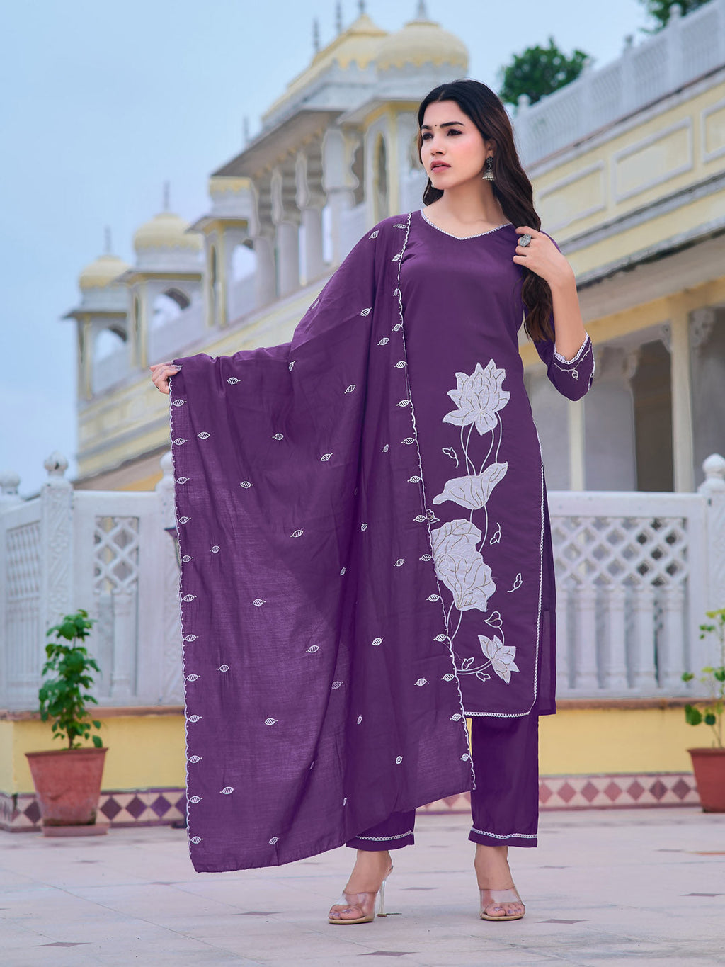 Embroidered Kurta With Pant & Embroidered Dupatta, Purple - Hiral Fashion - Distacart