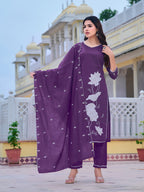 Embroidered Kurta With Pant & Embroidered Dupatta, Purple - Hiral Fashion - Distacart