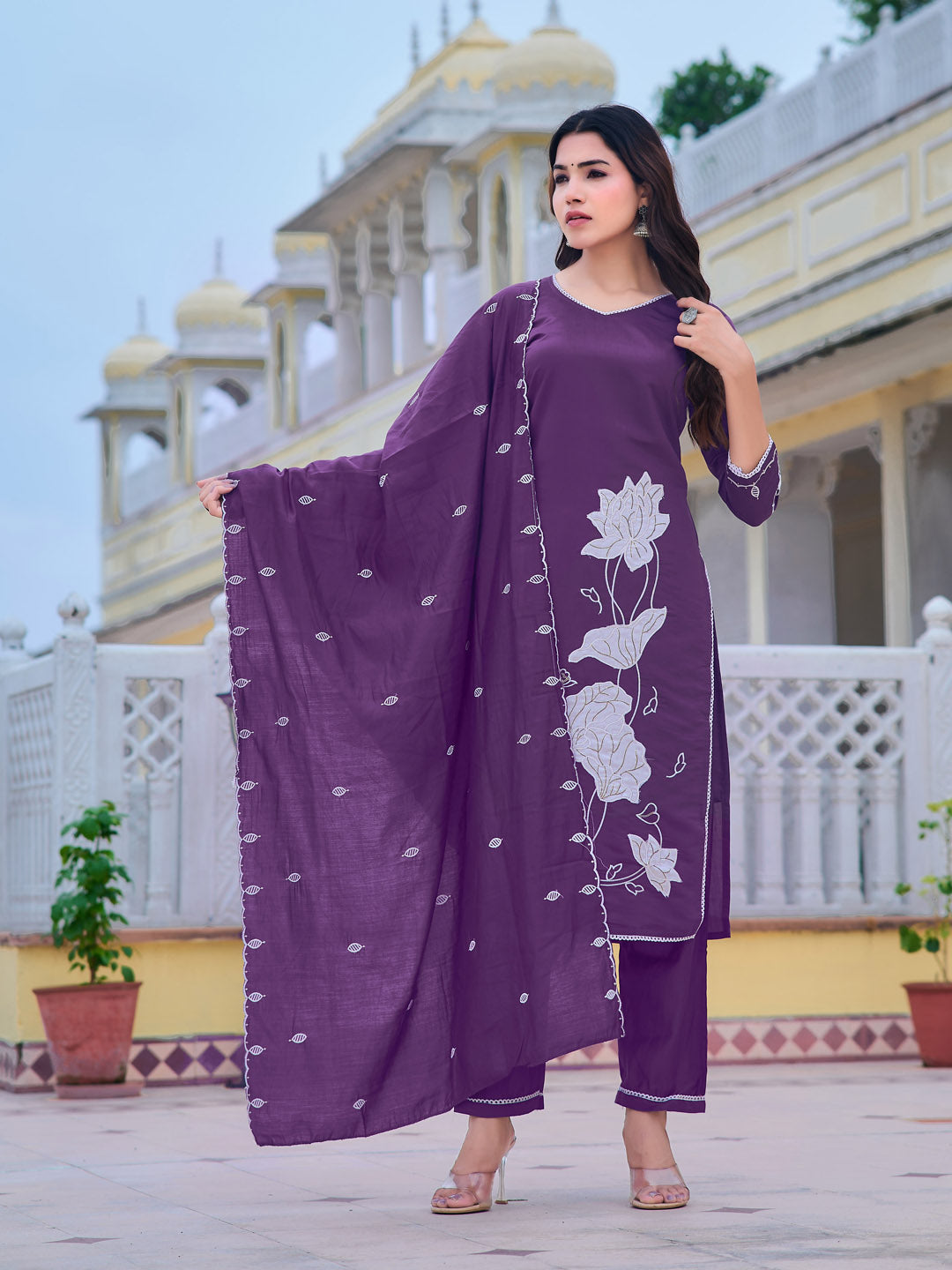 Embroidered Kurta With Pant & Embroidered Dupatta, Purple - Hiral Fashion - Distacart