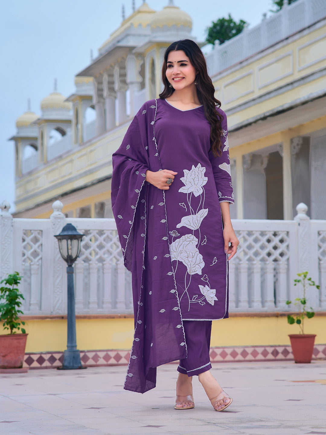 Embroidered Kurta With Pant & Embroidered Dupatta, Purple - Hiral Fashion - Distacart