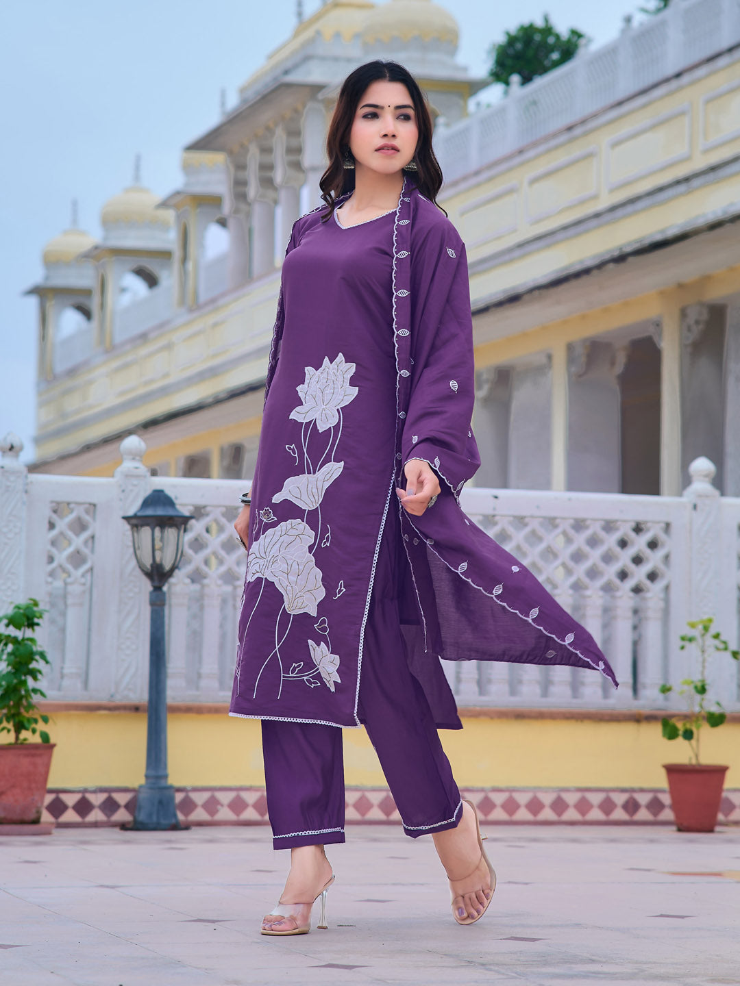 Embroidered Kurta With Pant & Embroidered Dupatta, Purple - Hiral Fashion - Distacart