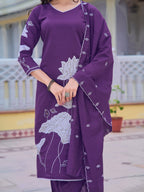 Embroidered Kurta With Pant & Embroidered Dupatta, Purple - Hiral Fashion - Distacart