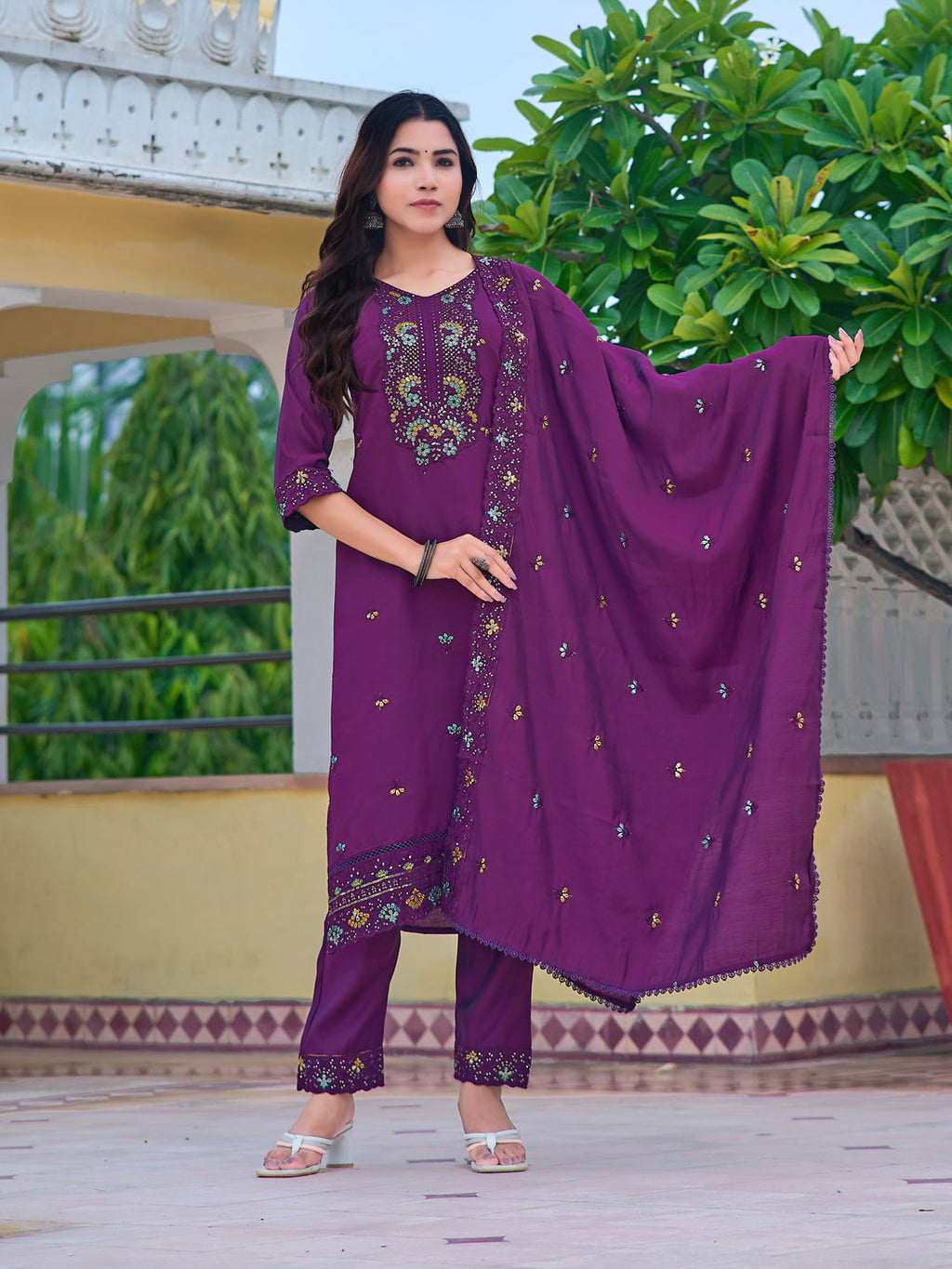 Embroidered Kurta With Pant & Embroidered Dupatta, Purple - Hiral Fashion - Distacart